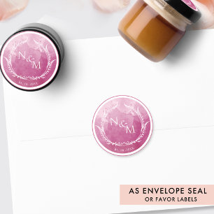 Mauve Pink Aquarellfarben Monogram Umschlag Aufkle Runder Aufkleber