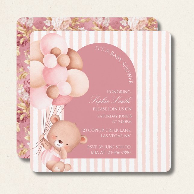 Mauve Pink Balloons, Stripes Bloom Baby Dusche Einladung (Von Creator hochgeladen)