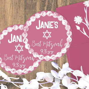 Mauve Pink Bat Mitzvah Personalisiert Runder Aufkleber