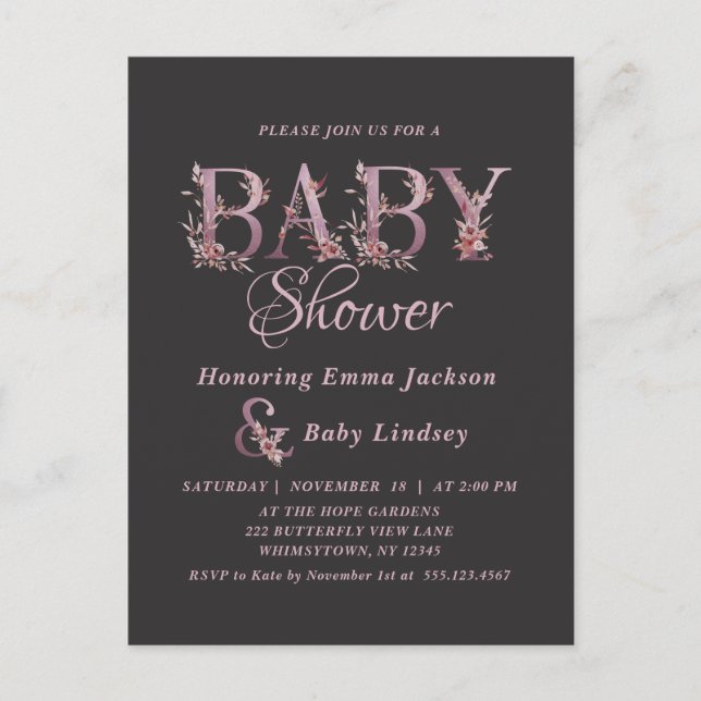 Mauve Pink Elegant Floral Chic Girl's Baby Shower Einladungspostkarte (Vorderseite)