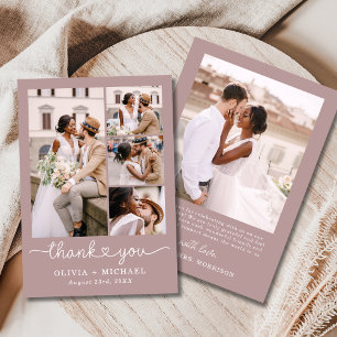 Mauve Pink Five Foto Collage Script Hochzeit Dankeskarte