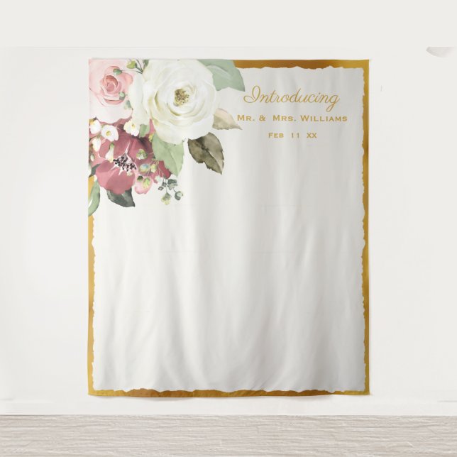 Mauve Pink Floral Gold Edge Wedding Foto Hintergru Wandteppich (Vorderseite)