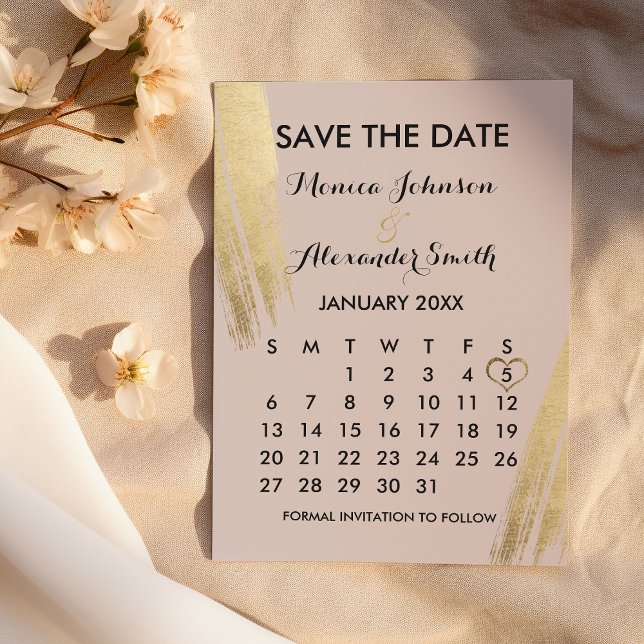 Mauve Pink Gold Pinselstriche Kalender Gerettet Save The Date (Mauve Pink Gold Brushstrokes Calendar Save Save The Date )