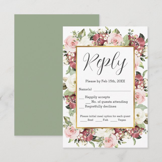 Mauve Pink Green Florals Gold Frame UAWG RSVP Karte (Vorne/Hinten)