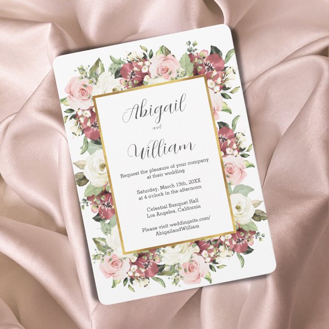 Mauve Pink Green Florals Gold Wedding Einladung (Von Creator hochgeladen)