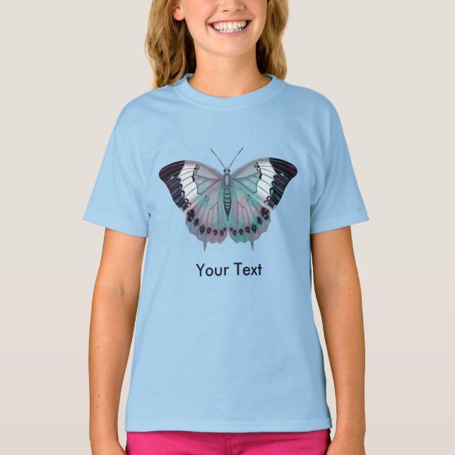 Mauve Pink Lila und türkisfarbene Schmetterlinge T-Shirt (Vorderseite)
