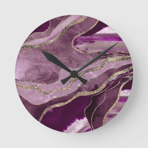 Mauve Pink Marble Agate Gold Glitter Glam #1  Runde Wanduhr