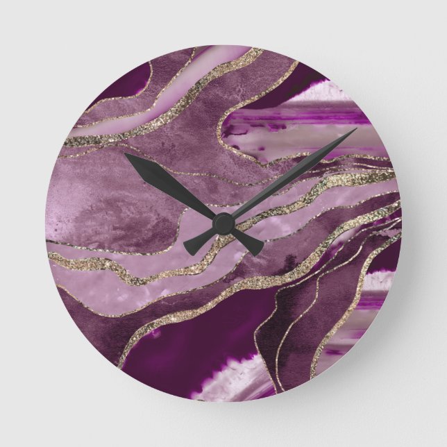 Mauve Pink Marble Agate Gold Glitter Glam #1  Runde Wanduhr (Vorderseite)