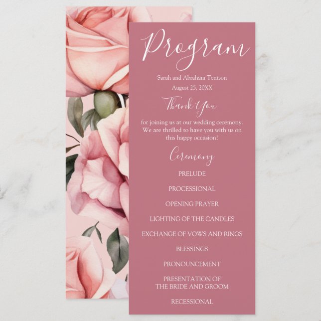 Mauve Pink und White Pink Roses Hochzeitsprogramme Menükarte (Vorne/Hinten)