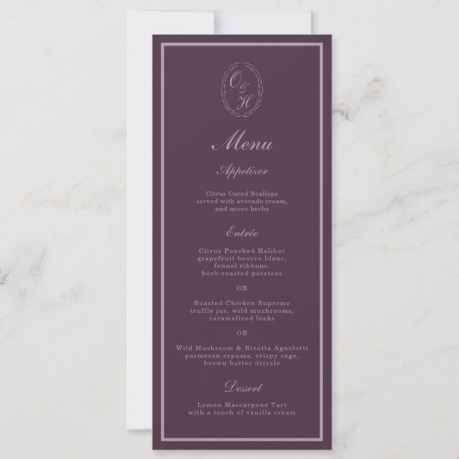 Mauve Plum Monogram Wedding Long Menu Einladung (Vorderseite)