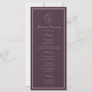 Mauve-Plum-Monogramm-Hochzeitswochenende-Itinerar Einladung