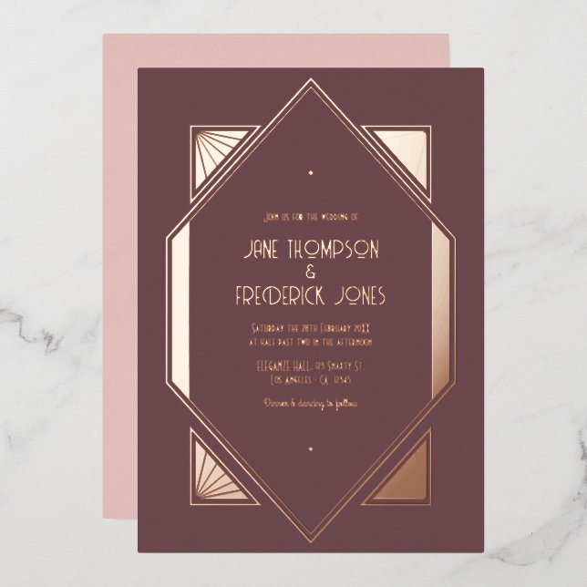 Mauve Plum & Rose Gold Gatsby Art Deco Wedding Folieneinladung (Vorderseite/Rückseite)