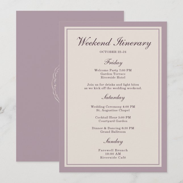 Mauve Plum Wedding Weekend Itinerary Card Einladung (Vorne/Hinten)