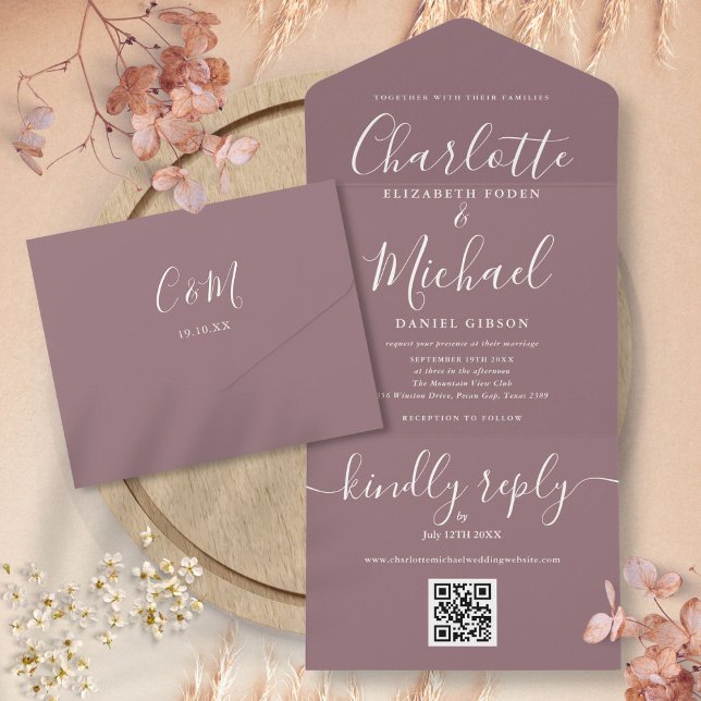 Mauve QR Code Skript Minimalistische Hochzeit All In One Einladung (Mauve QR Code Script Minimalist Wedding All In One Invitation)