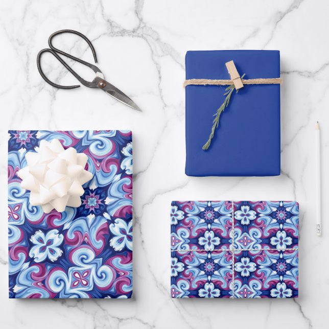 Mauve, Sapphire & Powder Blue Pattern Geschenkpapier Set (Vorderseite)