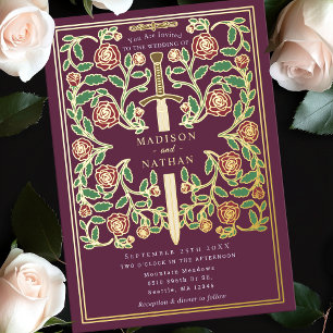 Mauve-Schwert-Blumen-Mittelalter-Fantasy-Hochzeit Folieneinladung
