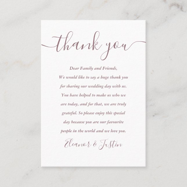 Mauve Script Wedding Vielen Dank Platzkarte (Vorderseite)