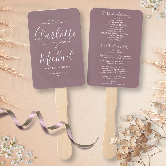 Mauve Signature Script-Hochzeitsprogramm Fächer (Mauve Signature Script Wedding Program Hand Fan)