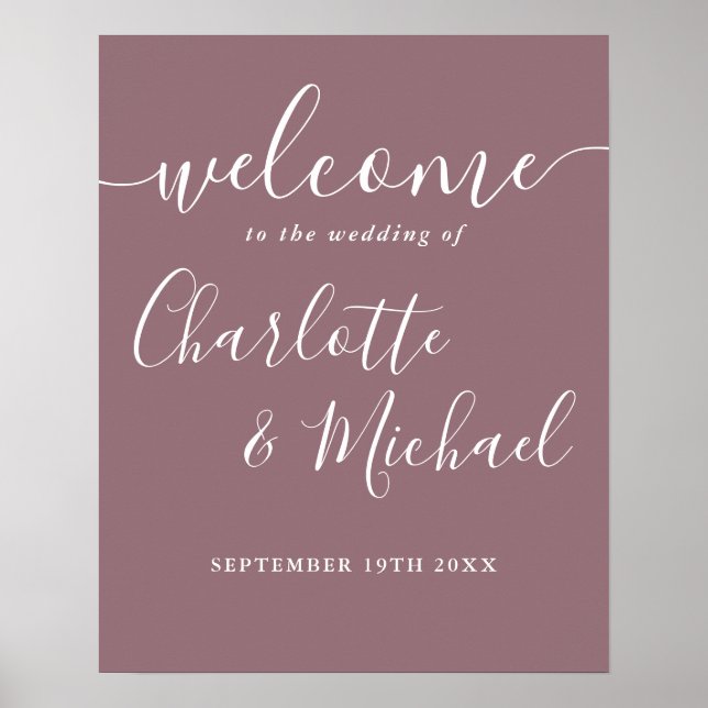 Mauve Signature Script Wedding Willkommenszeichen Poster (Vorne)