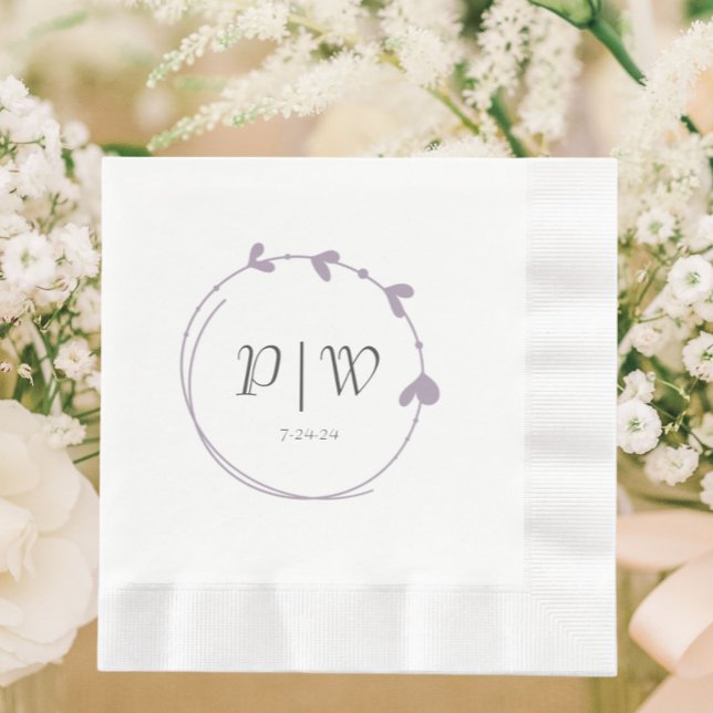 Mauve Simple Heart Wreath Monogram Wedding Serviette (In Situ Wedding)