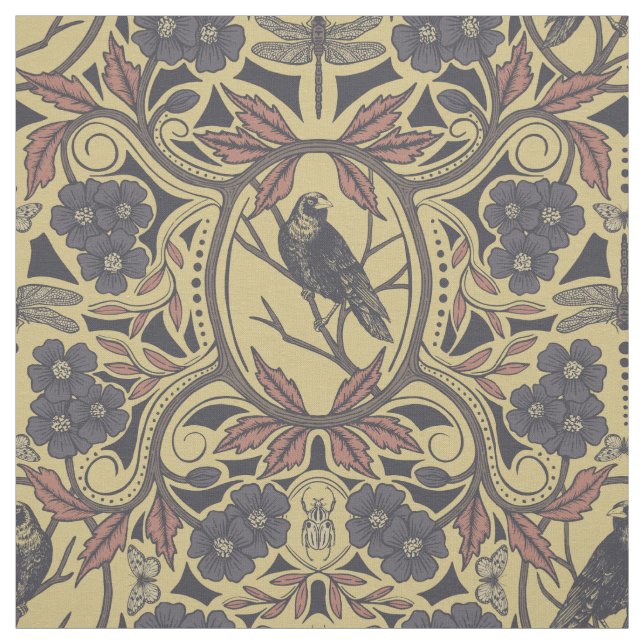 Mauve, Tan & Gray Crow & Dragonfly Stoff (Muster)