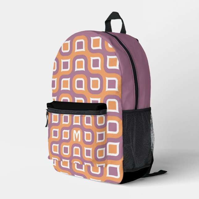 Mauve Taupe Peach Orange White Jahrhundert Muster Bedruckter Rucksack (Rückseitige Ecke Rechts)