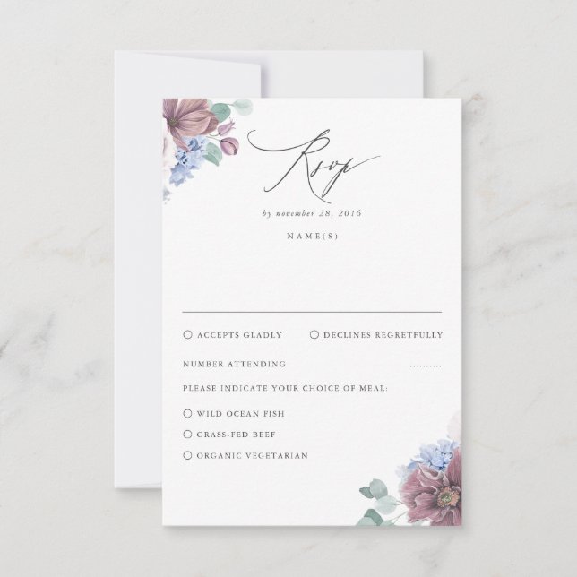 Mauve und Dusty Blue Floral Wedding RSVP (Vorderseite)
