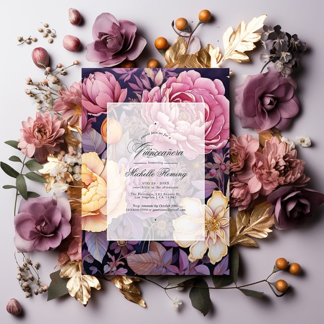 Mauve und Gold Floral Quinceñera Einladung (Von Creator hochgeladen)