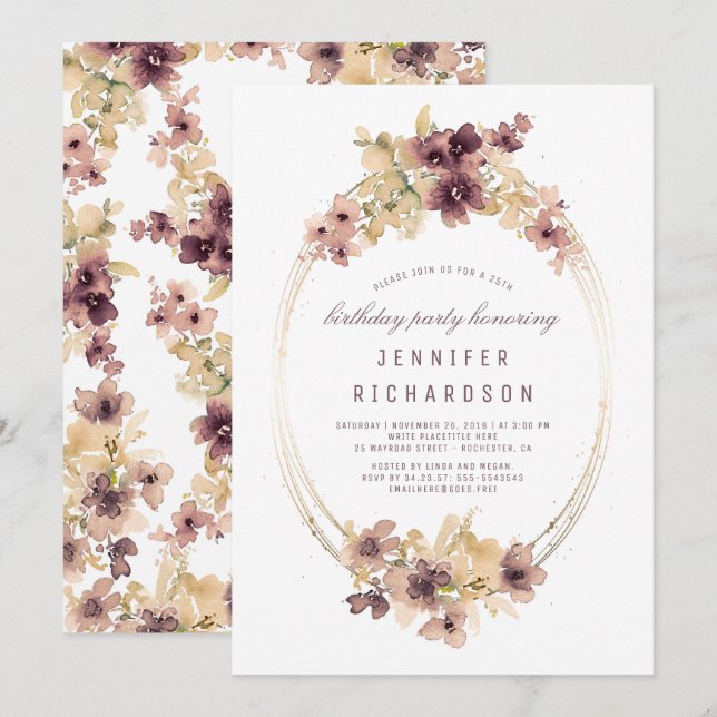 Mauve und Gold Vintag Floral Geburtstagsparty Einladung (Vorne/Hinten)