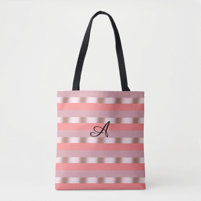 Mauve und goldgestreifte Monogramm-Totttasche Tasche (Vorderseite)