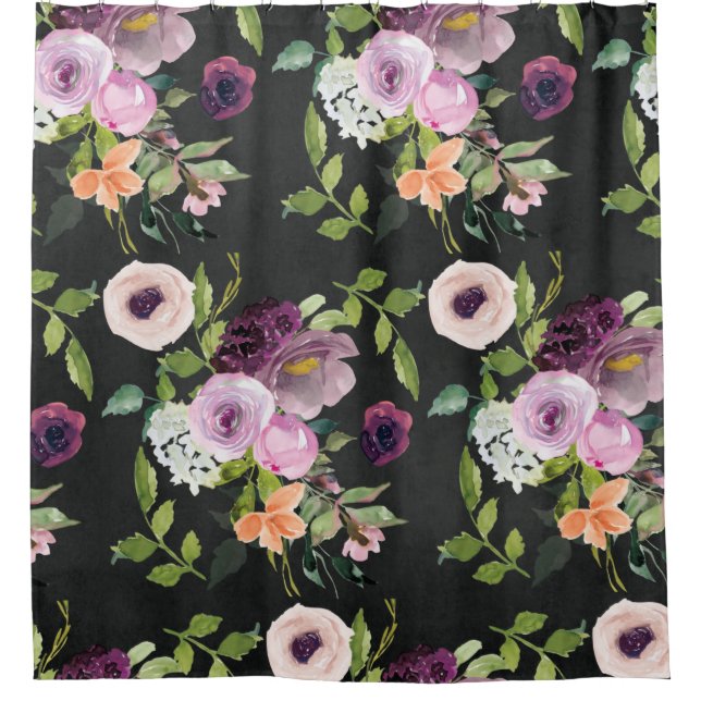 Mauve und Lilac Floral Pattern auf Schwarz Duschvorhang (Vorderseite)