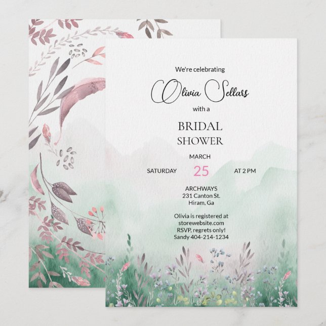 Mauve und Mint Meadow Brautparty Einladung (Vorne/Hinten)