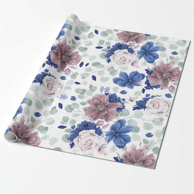 Mauve und Navy Blauer Botanischer Flora Elegant Geschenkpapier (Ungerollt)