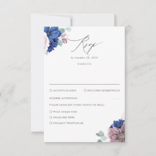 Mauve und Navy Blue Floral Wedding RSVP