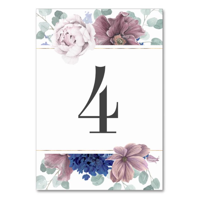 Mauve und Navy Blue Floral Wedding Tischnummer (Vorderseite)