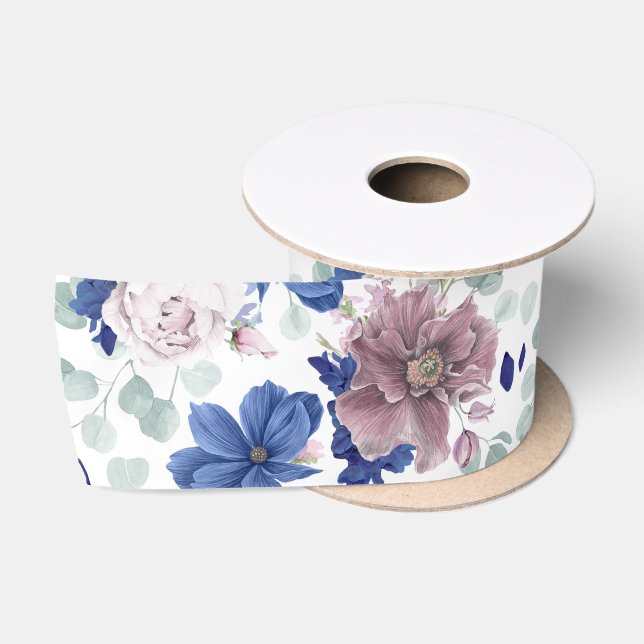 Mauve und Navy Blumen Botanische Satinblüten Satinband (Spule)