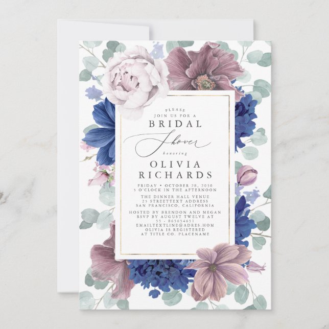 Mauve und Navy Blumen Elegantes Brautparty Einladung (Vorderseite)
