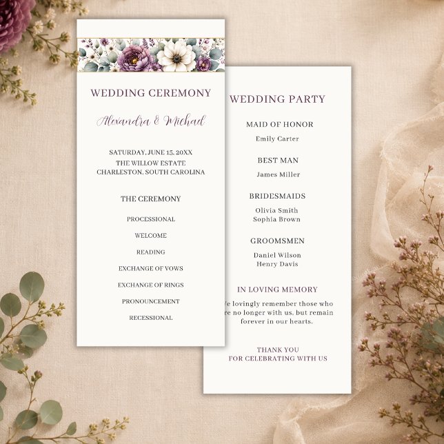 Mauve- und Salbei-Blumenhochzeitsprogramm (Von Creator hochgeladen)