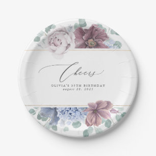 Mauve und staubblaues florales elegantes Botanik Pappteller