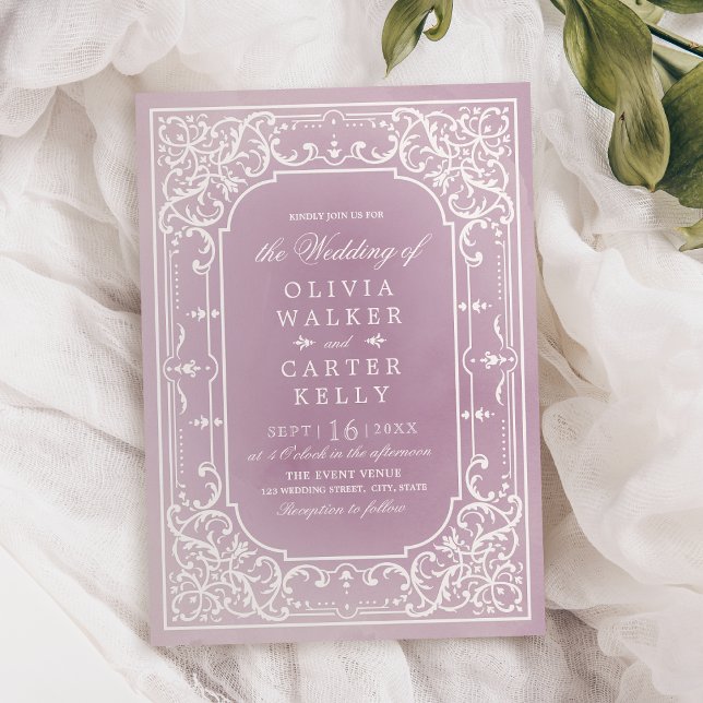 Mauve verzierte romantische Hochzeit Einladung (Mauve elegant ornate romantic vintage wedding invitation)
