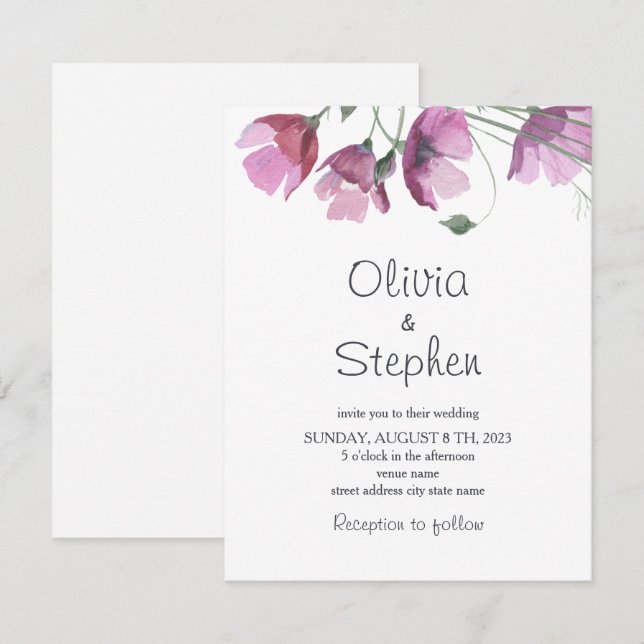 Mauve violette Blumen. Moderne Rustikale Hochzeit Einladung (Vorne/Hinten)