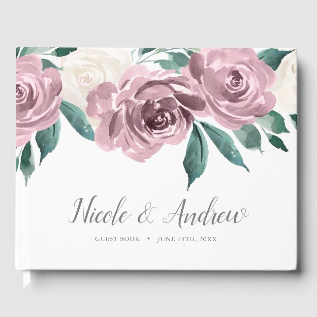 Mauve Watercolor Rose Blumenhochzeit Gästebuch (Vorderseite)