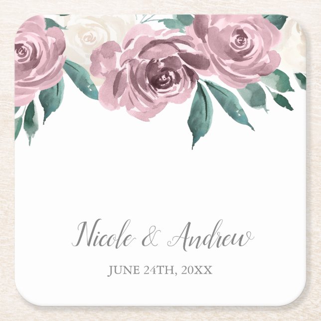 Mauve Watercolor Rose Blumenhochzeit Maßgeschneide Rechteckiger Pappuntersetzer (Vorderseite)
