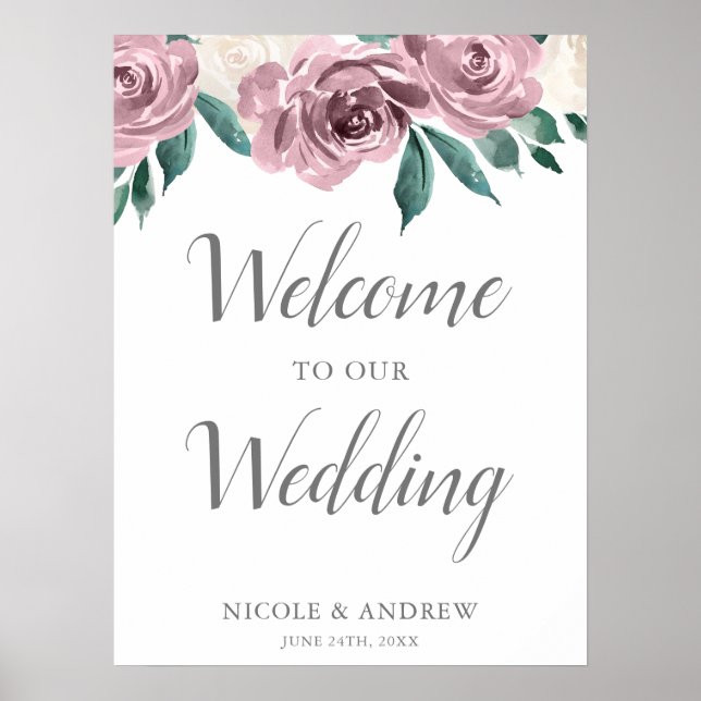 Mauve Watercolor Rose Blumenhochzeit Willkommen Poster (Vorne)