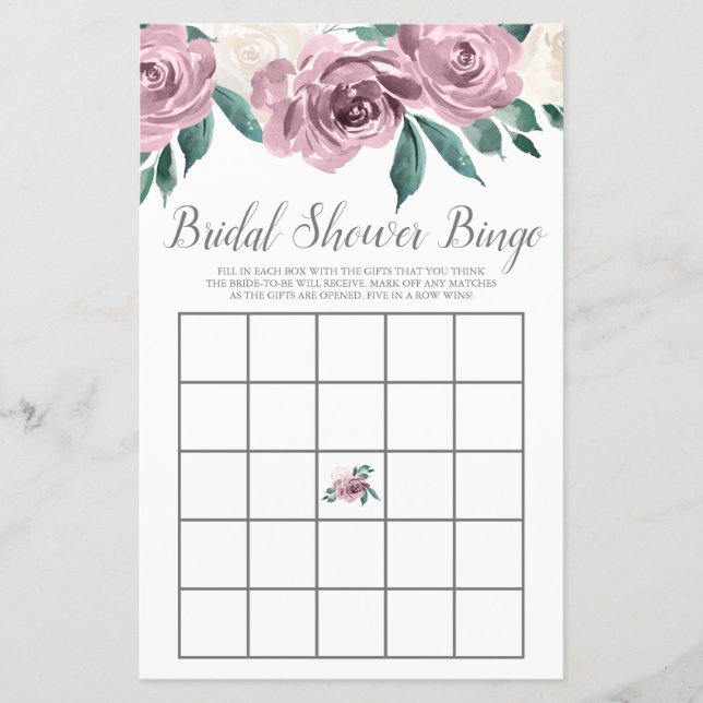 Mauve Watercolor Rose Floral Brautparty Bingo (Vorderseite)