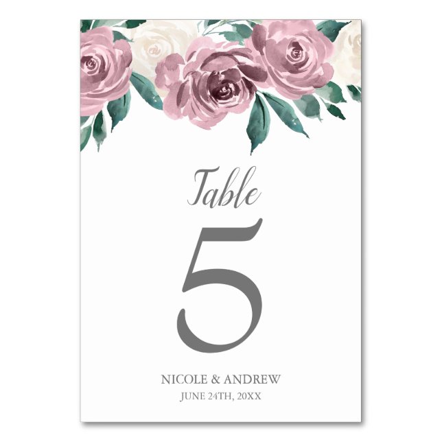 Mauve Watercolor Rose Floral Wedding Tischnummer (Vorderseite)