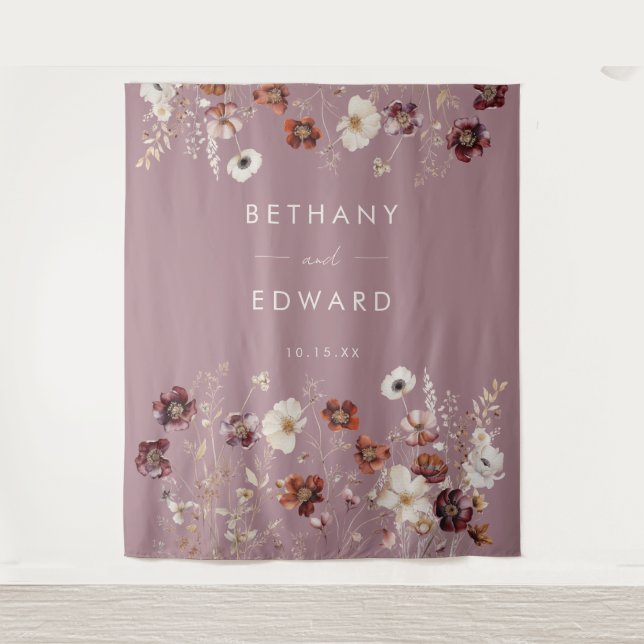 Mauve Wedding Backdrop Whimsical Fall Dried Blume Wandteppich (Vorderseite)