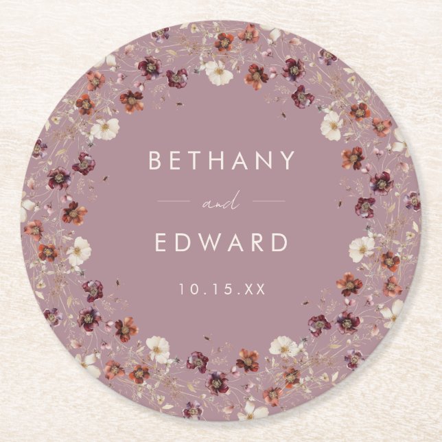 Mauve Wedding durch Whimsical Fall getrocknete Blu Runder Pappuntersetzer (Vorderseite)