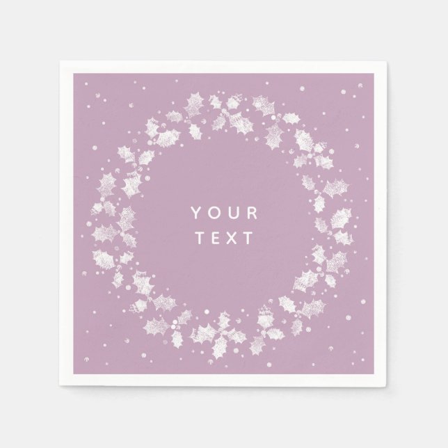 Mauve + White Hand Printed Holly Wreath Weihnachte Serviette (Vorderseite)