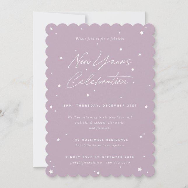 Mauve+White Script Scattered Stars New Year Party Einladung (Vorderseite)